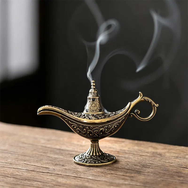 Durable Antique Style Incense Burner Air Purification Metal Aroma Furnace Gifts Wishing Aladdin Lamp Home Decor