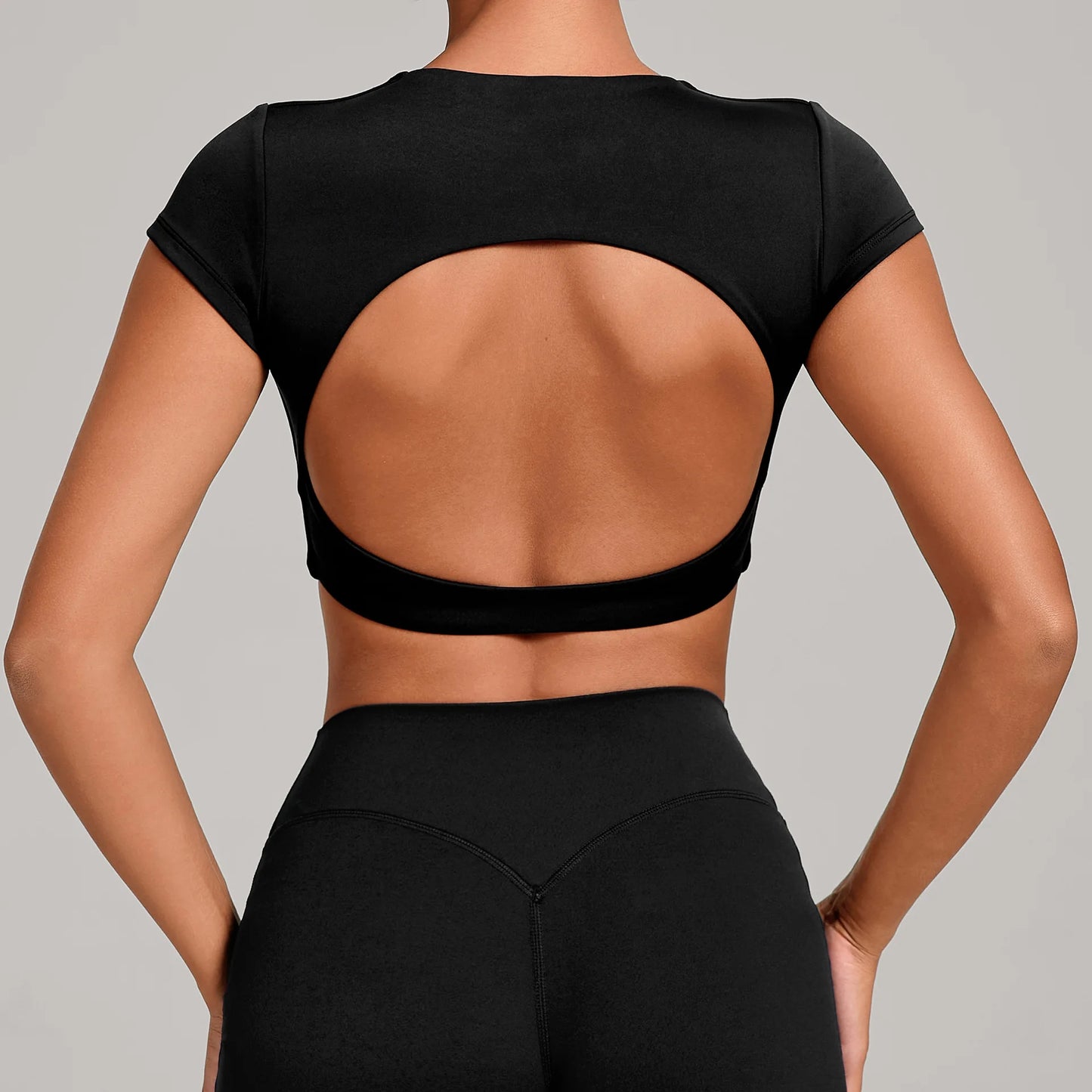 Hollow Backless Short Sleeve Sporty Slim T-shirt Women Crop Top Breathable Quick Dry Gym Workout Top Sport Shirt Fitness Clothes