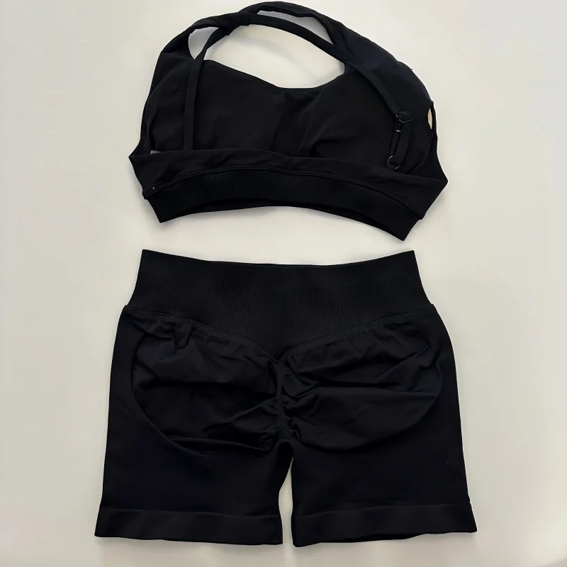 Yoga Asymmetric Gym Set Women Seamless Yoga Set Workout Shorts Sets Halter Sports Bra Scrunch Bum Shorts Fitness Clothes