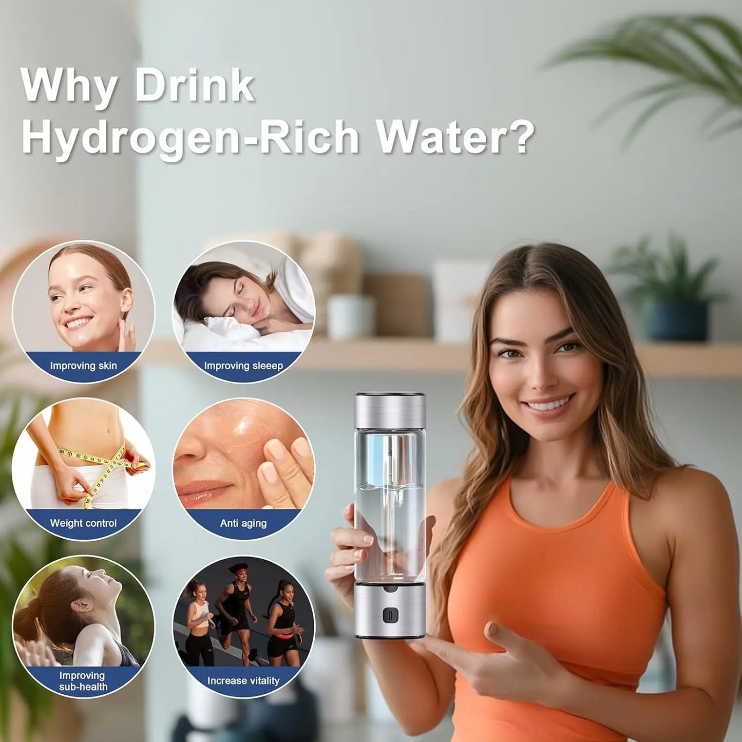 Hydrogen Water Bottle, SPE/PEM Technology Up to 1600PPB Hydrogen Generator, for Home, Office, Travel and Fitness Drinking