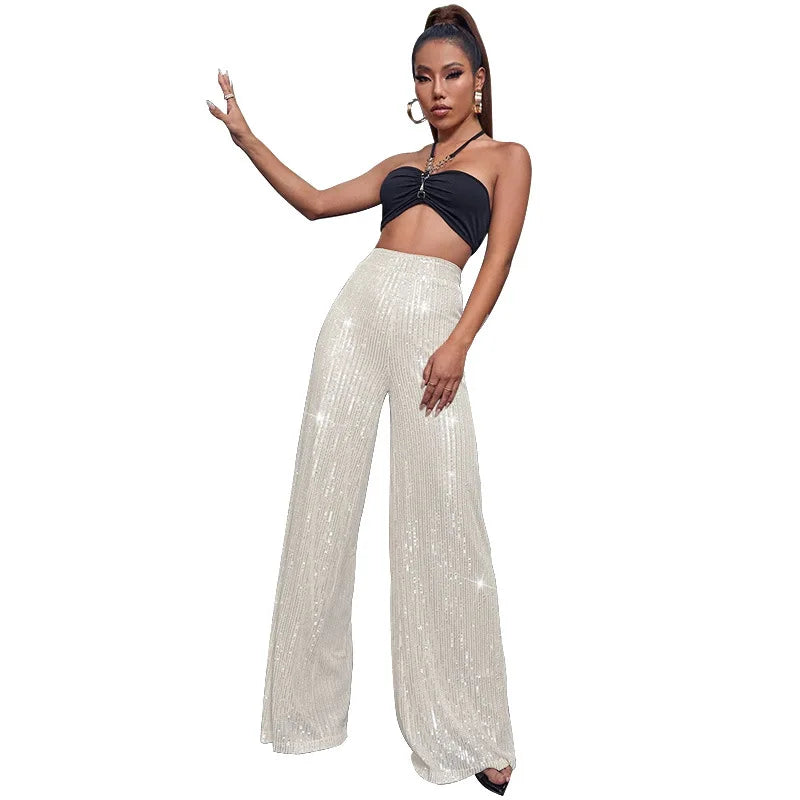 Vintage Bling Bling Sequined Pants Sexy Women High Waist Elegant Night Club Shiny Sequins Trousers