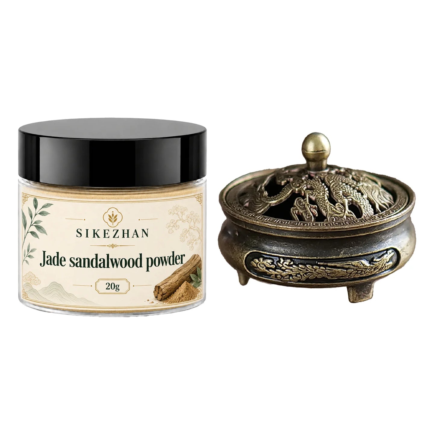100% Pure Sandalwood Incense Powder 20g Kit Vintage Brass Burner Antique Dragon Censer For Zen Yoga Meditation Home Aromatherapy