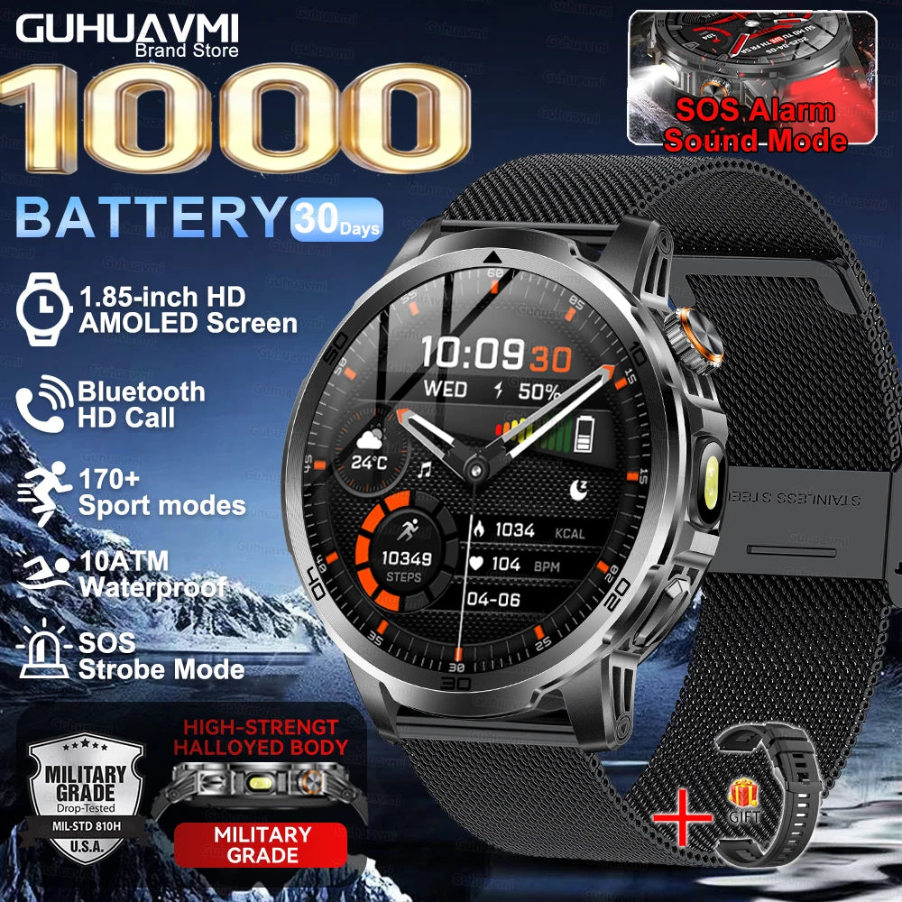 2026 New Outdoor Adventure 1000mAh Large Battery 1.85"Smart Watch 10ATM Waterproof Voice Call Sports Men GPS Fitness Bracelet
