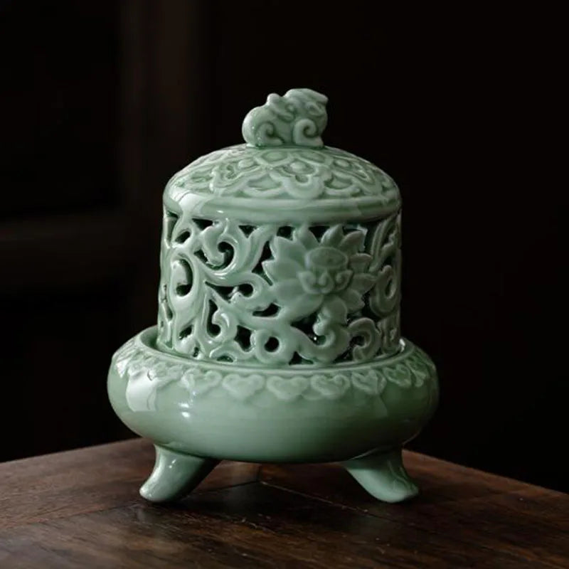 Celadon Hollow Floral Pattern Tripod Aromatherapy Burner Coil Incense Holder Indoor Tea Ceremony Fragrance Censer Home Decor