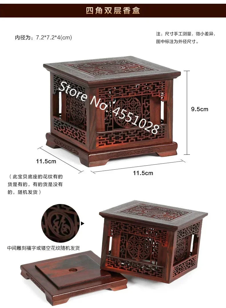 Red Rosewood Incense Burner Double-Layer Sandalwood Box Wood Carving Crafts Solid Four-Corner Ornament Home Decor