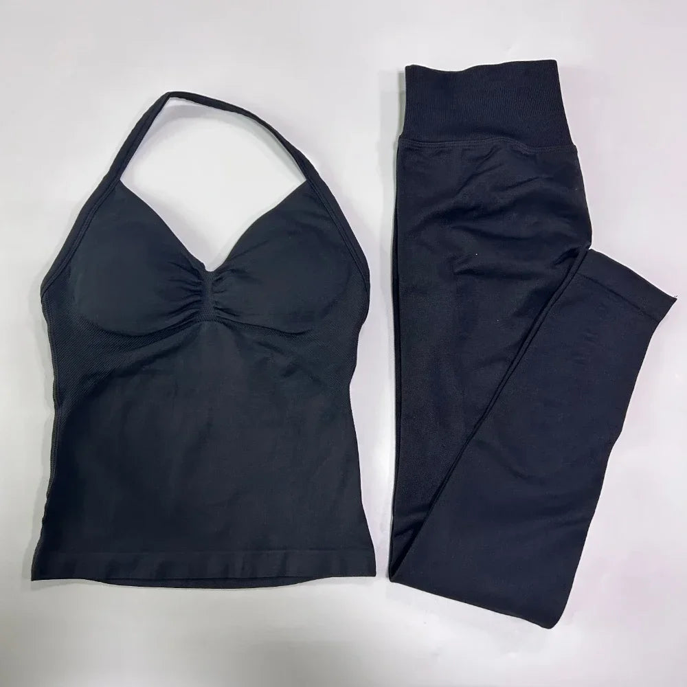 2Pcs Gym Set Women Backless Tank Tops High Waist Scrunch Seamless Shorts Gym Suit Fitness Clothes Activewear Workout Set