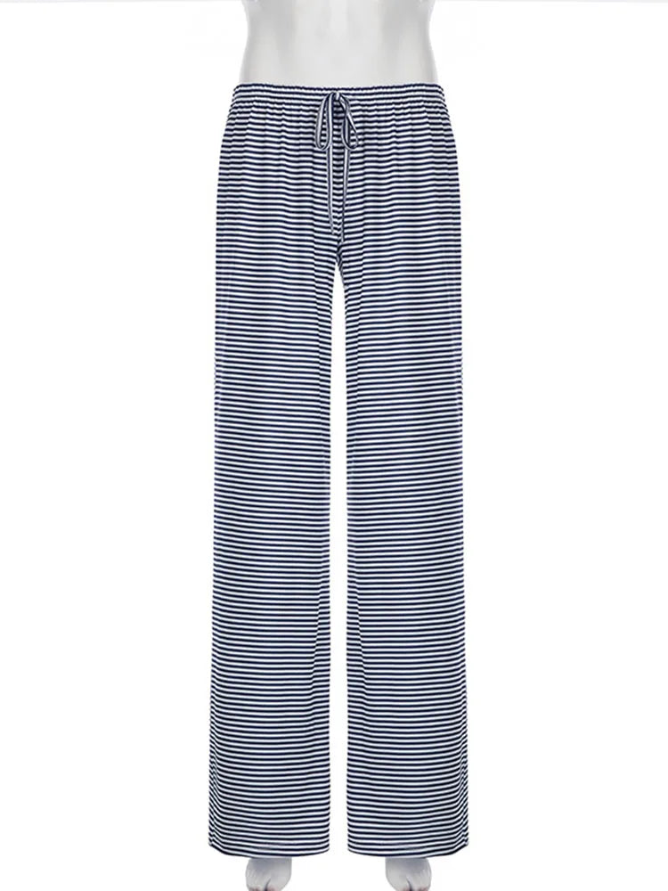 Women's Stripe Drawstring Low Waist Sweatpants Casual Elastic Baggy Straight Leg Pants Loose Fit Summer Streetwear Trousers