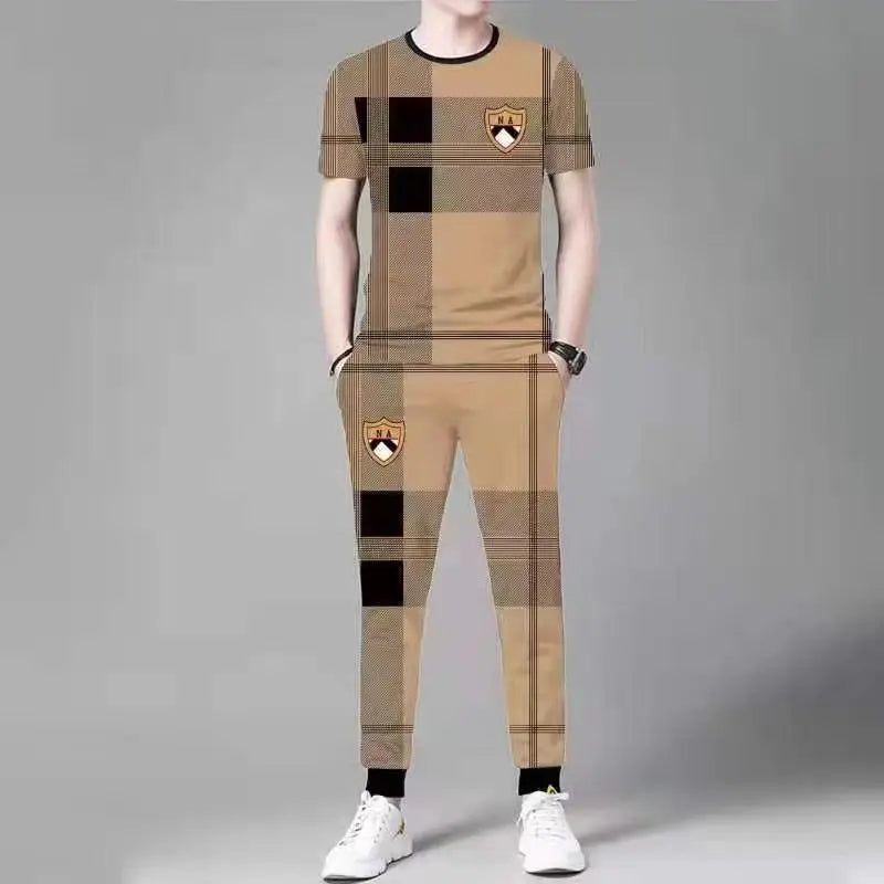 2025 Summer Men's Trousers Tracksuit 2 Piece Set Fashion Sportswear Short Sleeve T Shirt+Long Pants Male Clothing