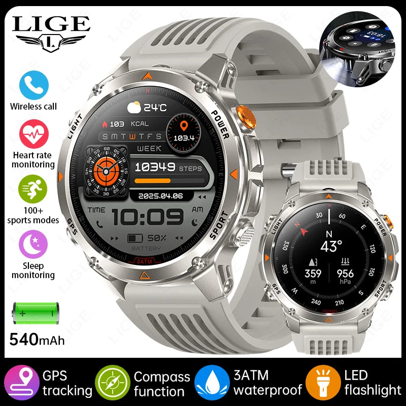 LIGE 2026 New Professional GPS Track Sports Smartwatch Outdoor RIDE Run Compass Altimeter 3ATM Fitness Bracelets 540mAh Watches