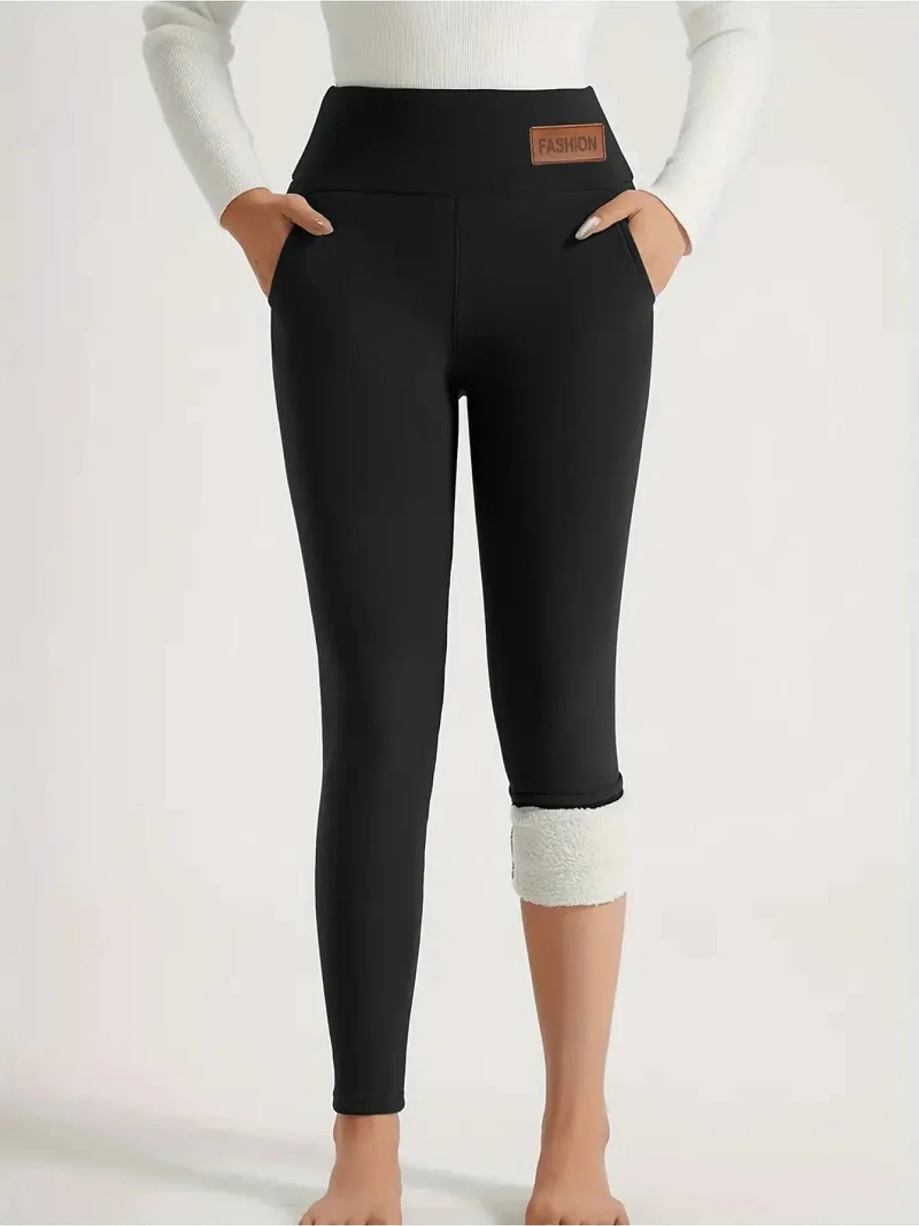 2pcs Women's High-Waisted Fleece Pants Set - Thickened Winter Leggings with Pockets, Full-Length Trousers Machine Washable