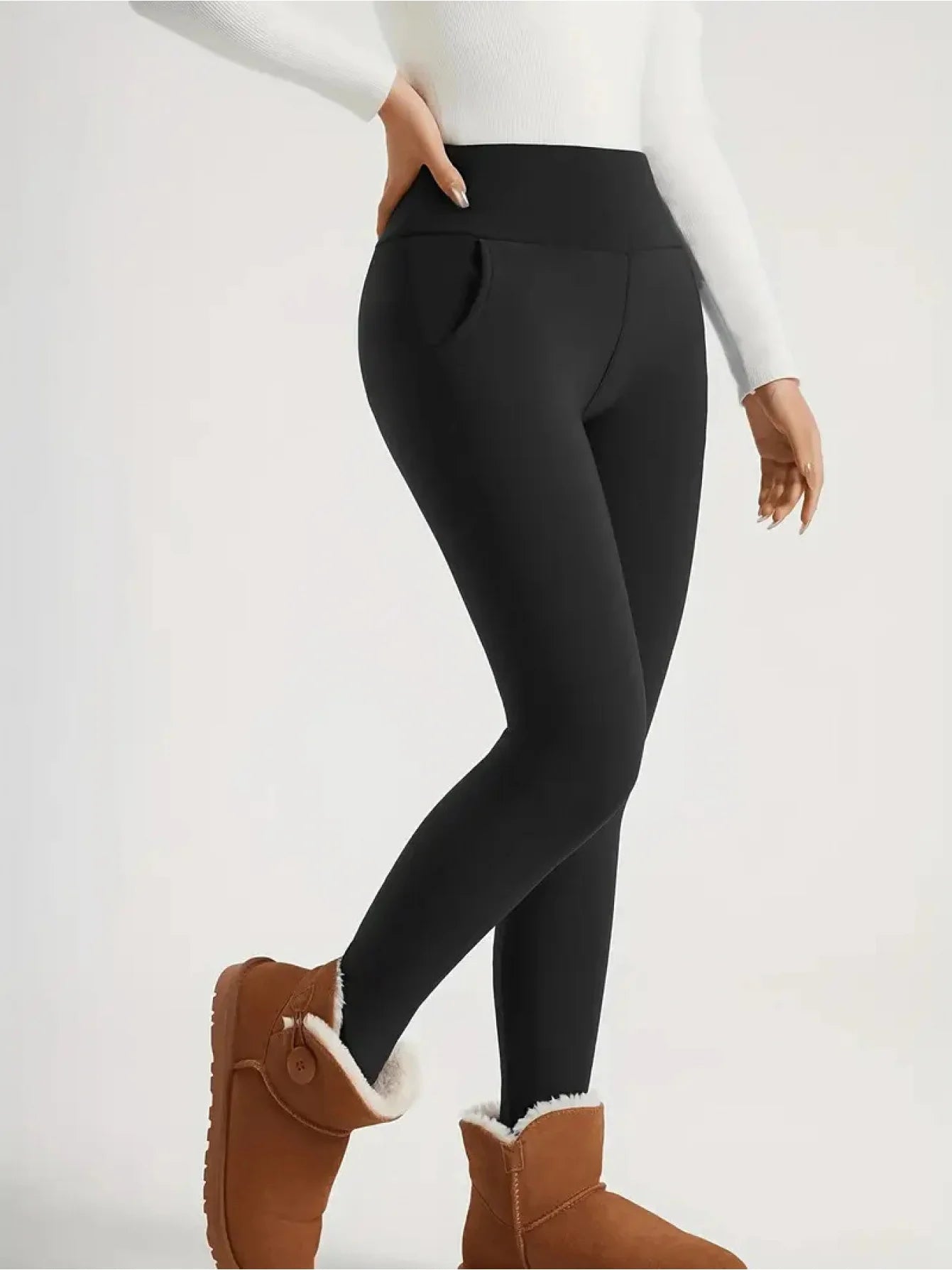 2pcs Women's High-Waisted Fleece Pants Set - Thickened Winter Leggings with Pockets, Full-Length Trousers Machine Washable