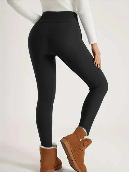 2pcs Women's High-Waisted Fleece Pants Set - Thickened Winter Leggings with Pockets, Full-Length Trousers Machine Washable