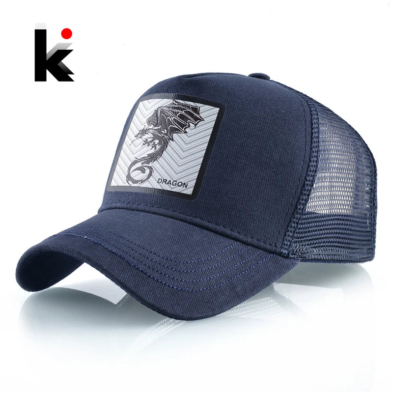 Men's Baseball Cap Fashion Snapback Hat With Dragon Patch Casual Cotton Dad Hats Breathable Mesh Trucker Caps Men Hip Hop Bones