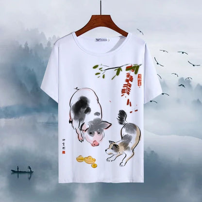 Chinese Animal Zodiac Signs 3D Printed Ink Painting T-shirt Twelve Constellations Dragon Tiger Wash Painting Tops for Adult