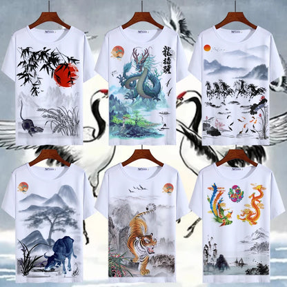 Chinese Animal Zodiac Signs 3D Printed Ink Painting T-shirt Twelve Constellations Dragon Tiger Wash Painting Tops for Adult
