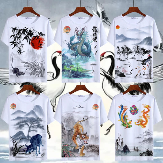 Chinese Animal Zodiac Signs 3D Printed Ink Painting T-shirt Twelve Constellations Dragon Tiger Wash Painting Tops for Adult