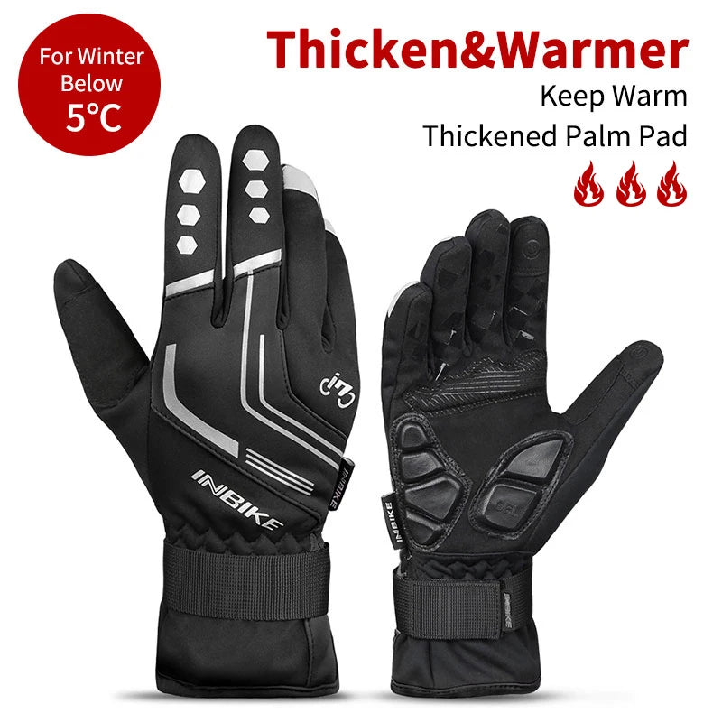 INBIKE Thermal Cycling Gloves Gel Winter MTB Road Bike Gloves Windproof Shockproof Full Finger Glove Bicycle Riding Accessories