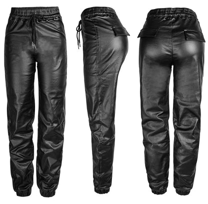 Women Faux Pu Leather Pants High Waist Baggy Stretch Stacked Trousers Drawstring Leisure Joggers Streetwear Office Lady 4XL 3XL