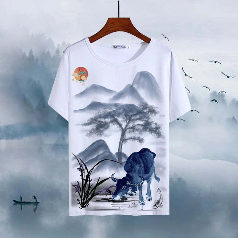 Chinese Animal Zodiac Signs 3D Printed Ink Painting T-shirt Twelve Constellations Dragon Tiger Wash Painting Tops for Adult