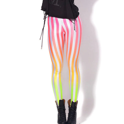 Women Stripe Rainbow Leggings Slim Skinny Leggings Colourful Striped Spring Summer Running Gym Stretchy Pants Trousers