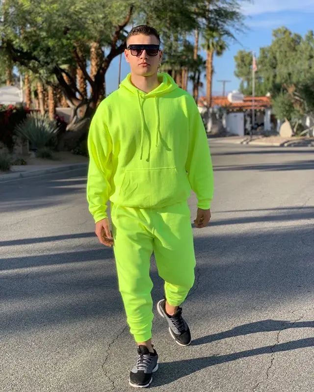 OMSJ 2024 Fashion Neon Style Mens Sets Fluorescence Green Hooded Sweatshirt+Sweatpants Two Piece Autumn Winter Casual Tracksuit