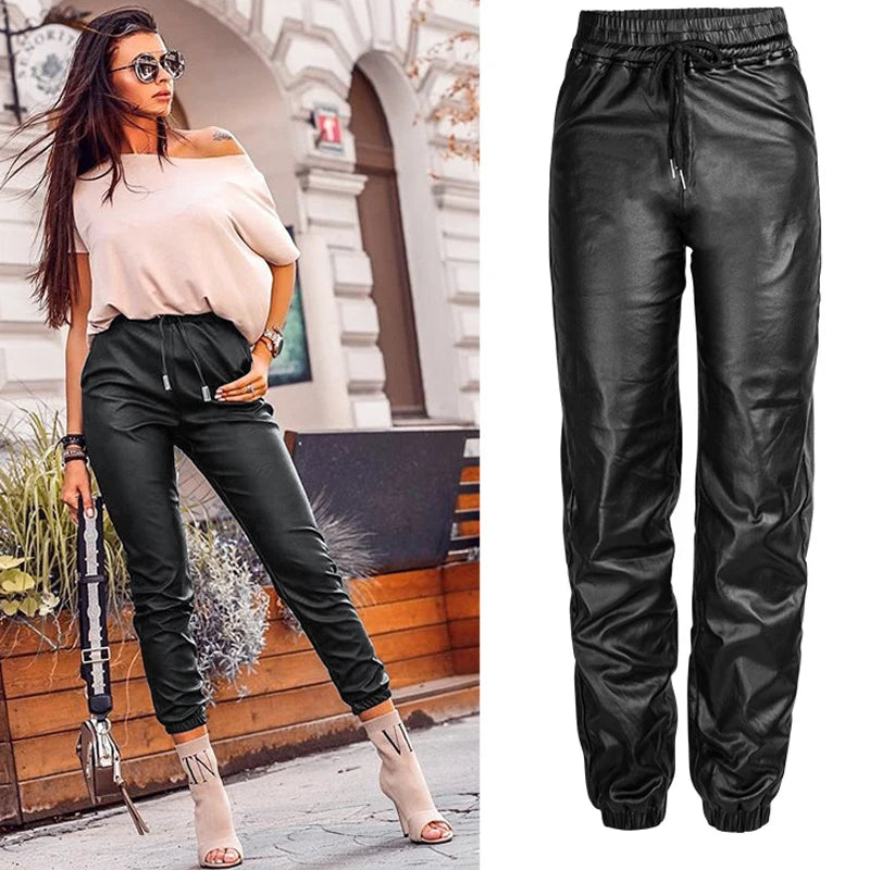 Women Faux Pu Leather Pants High Waist Baggy Stretch Stacked Trousers Drawstring Leisure Joggers Streetwear Office Lady 4XL 3XL