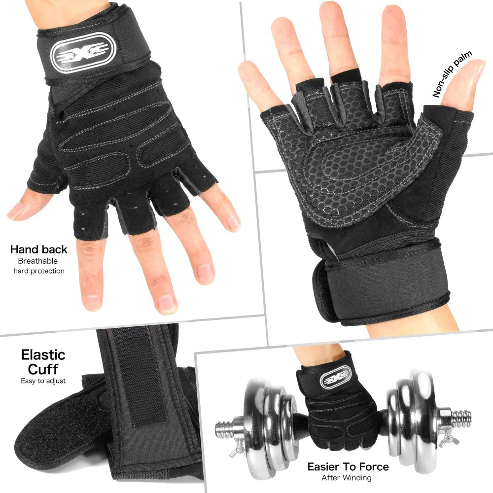 Men Women Gym Gloves Half Finger Cycling Gloves Fitness Weight Lifting Body Building Training Sports Exercise Workout Gloves
