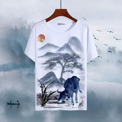 Chinese Animal Zodiac Signs 3D Printed Ink Painting T-shirt Twelve Constellations Dragon Tiger Wash Painting Tops for Adult