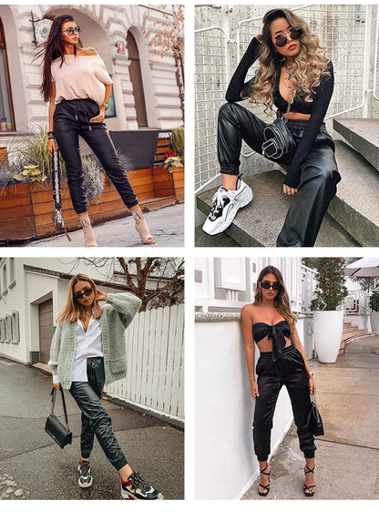 Women Faux Pu Leather Pants High Waist Baggy Stretch Stacked Trousers Drawstring Leisure Joggers Streetwear Office Lady 4XL 3XL