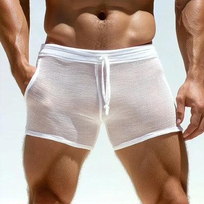 Sexy See Through Slim Shorts Men Seaside Beach Casual Solid Color Breathable Shorts Summer Men Leisure Sleepwear Fitness Shorts