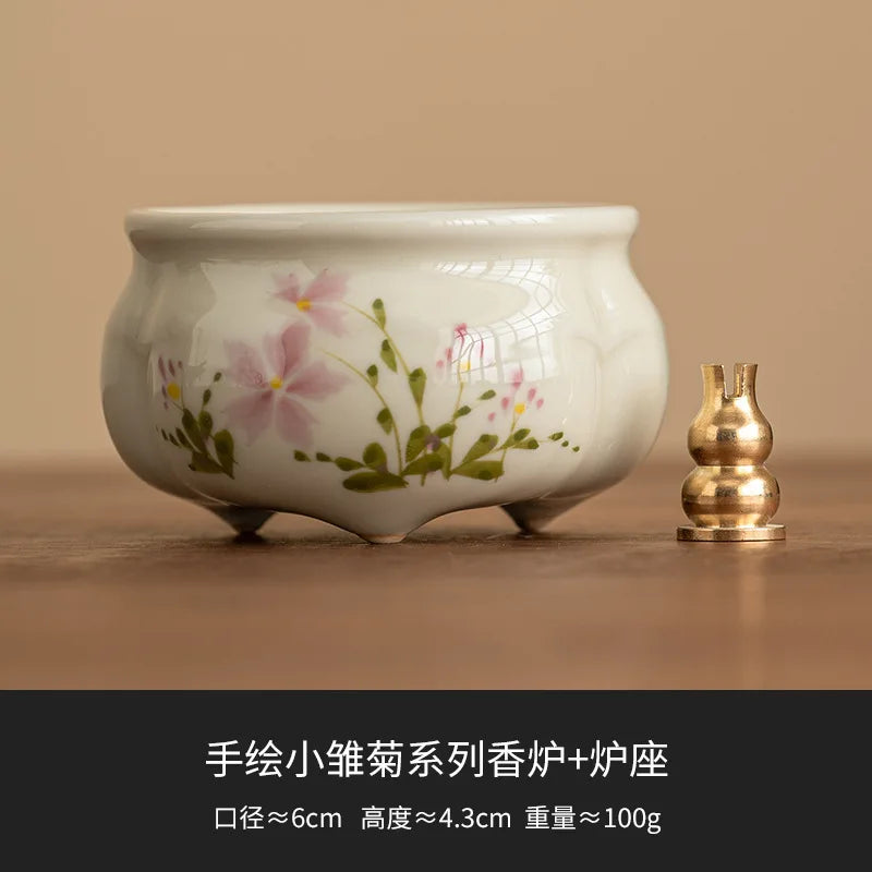 Emerald Green Asparagus Fern Three-Legged Incense Burner Home Indoor Chinese Zen Tea Set Ceramic Aromatherapy Stove Tea Ceremony