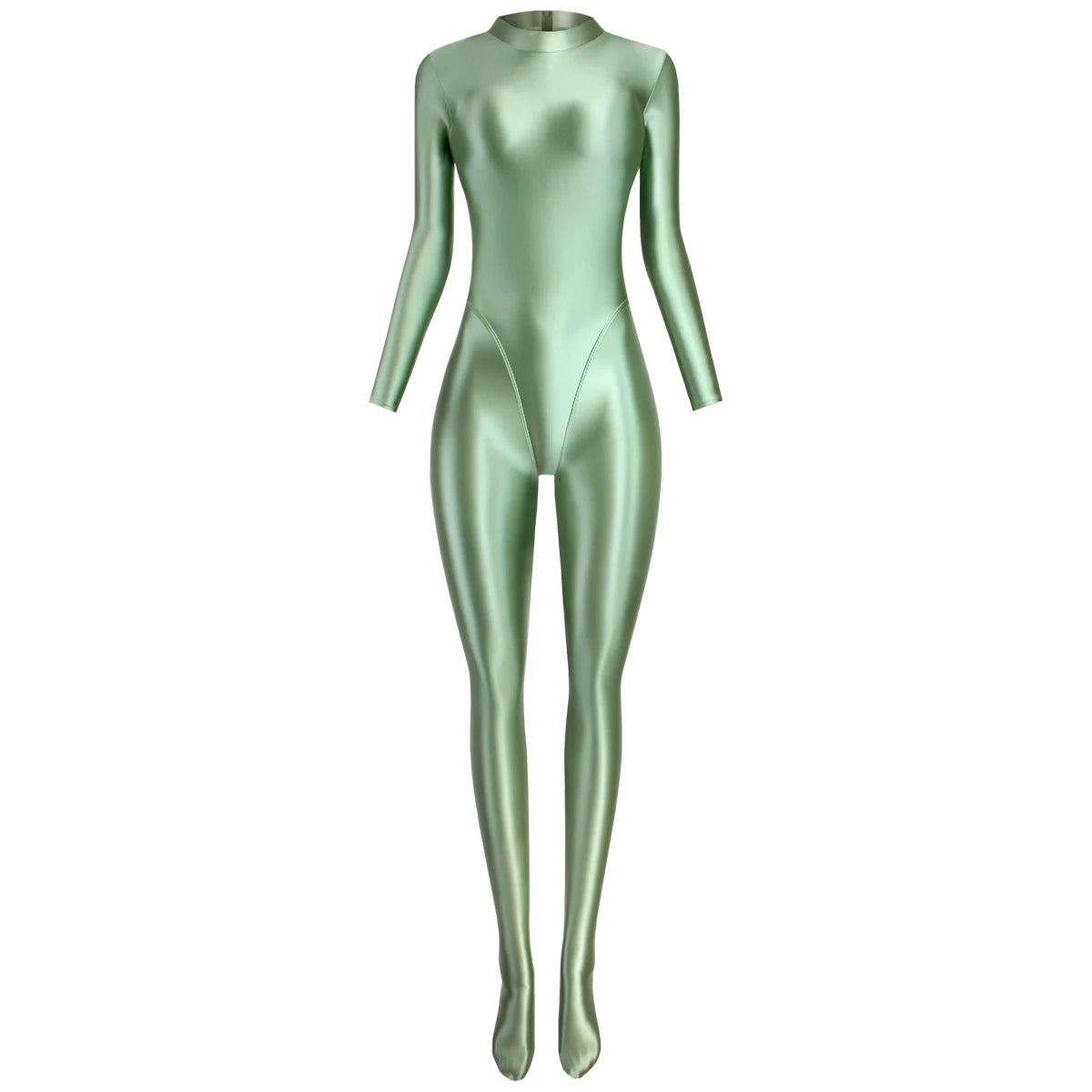 MJINM Glitter Shiny Satin High Stretch V-crotch Longsleeve Back Zipper Yoga Fitness Jumpsuit Bodysuit Playsuit Catsuit Homewear