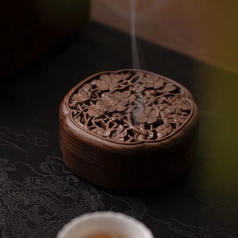 Black walnut hollow incense burner with lid, large solid wood home interior aromatherapy tea ceremony decoration