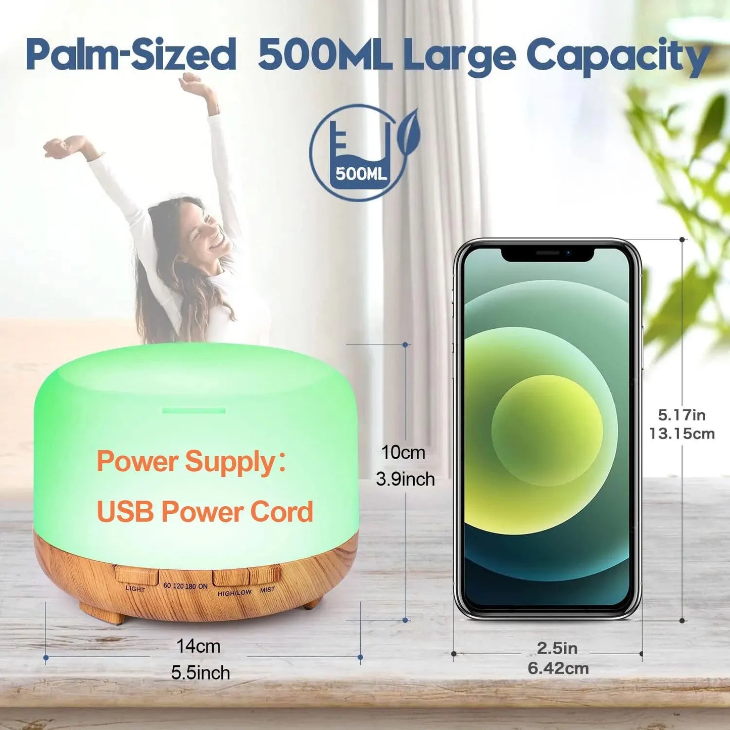 500ML Aroma Diffuser Wood Grain Color, 5V 2A USB Power Essential Oil Aromatherapy Diffuser with Remote Control for Home Office