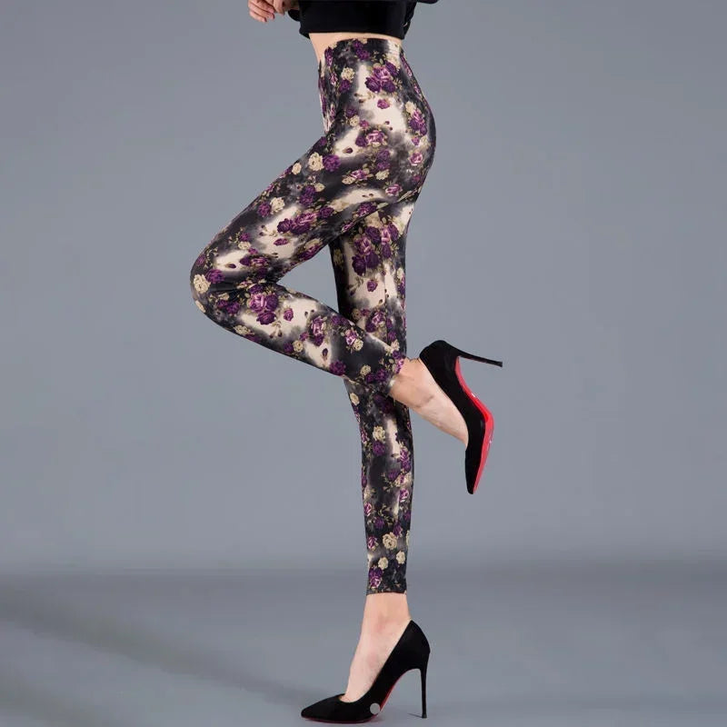 Women Floral Printed Exercise Colorful Peony Flower Female Elastic Leggins High Waist Pants Push Up Trousers Fitness Leggings