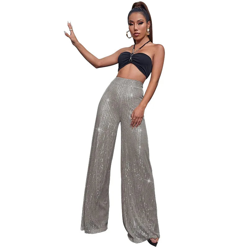 Vintage Bling Bling Sequined Pants Sexy Women High Waist Elegant Night Club Shiny Sequins Trousers