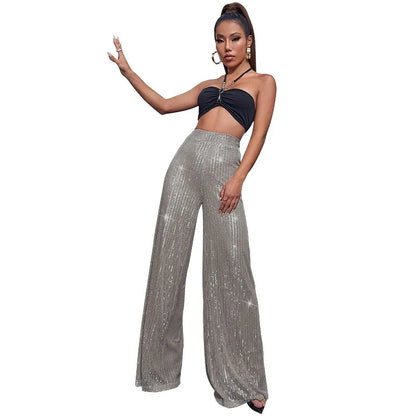 Vintage Bling Bling Sequined Pants Sexy Women High Waist Elegant Night Club Shiny Sequins Trousers