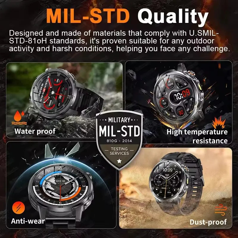 2026New Rugged Military Grade Smart Watch Men 1000mAh Large Battery Flashlight Waterproof Voice Call Sports Men Fitness Bracelet