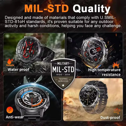 2026New Rugged Military Grade Smart Watch Men 1000mAh Large Battery Flashlight Waterproof Voice Call Sports Men Fitness Bracelet