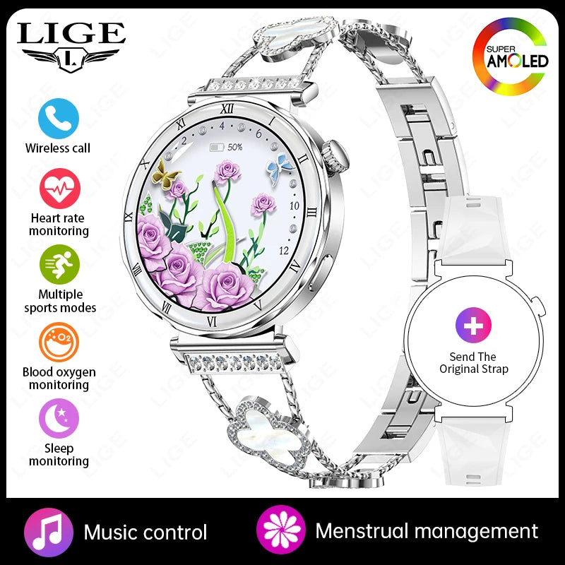 LIGE Ultra Thin Smart Watch Women Always On Display Clock Diamond Bracelet Sports BT Call AMOLED Fashion Smartwatch Ladies Gift