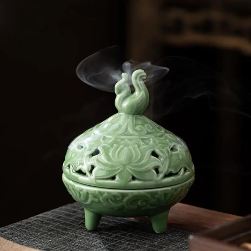 Celadon Hollow Floral Pattern Tripod Aromatherapy Burner Coil Incense Holder Indoor Tea Ceremony Fragrance Censer Home Decor