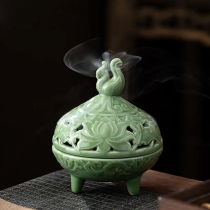 Celadon Hollow Floral Pattern Tripod Aromatherapy Burner Coil Incense Holder Indoor Tea Ceremony Fragrance Censer Home Decor