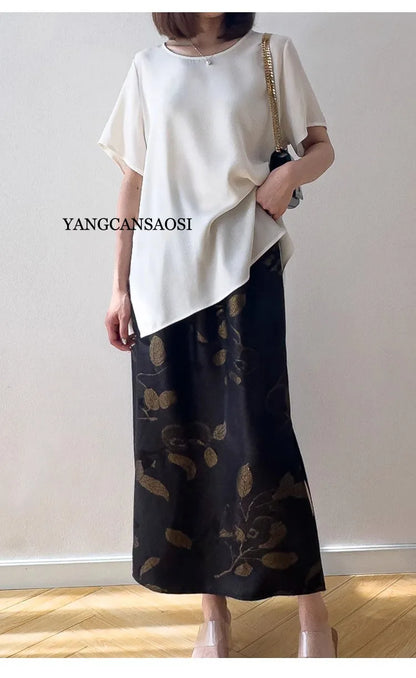 2025 Women's Casual Summer New Relaxation Style 26MM 93% Natural Mulberry Silk Elastic Wrinkled Round Neck Short Sleeve T-shirt