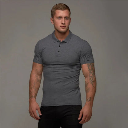 New Summer Fashion Mens Solid Short Sleeve Polo Shirts Cotton Slim Fit Turn Collar Male Gym Bodybuilding Fitness Polo Shirt