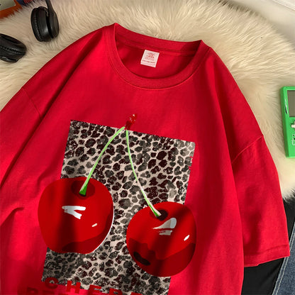 Cherry perfection T Shirt Women Leopard Prints Oversize Cotton T-Shirts Casual O-Neck Short Sleeve Tops Summer Woman Clothes