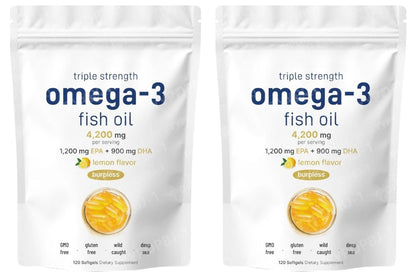 Triple Strength Omega 3 Fish Oil Supplements 4200mg Per Serving 120 Softgels Lemon Flavored Burpless EPA