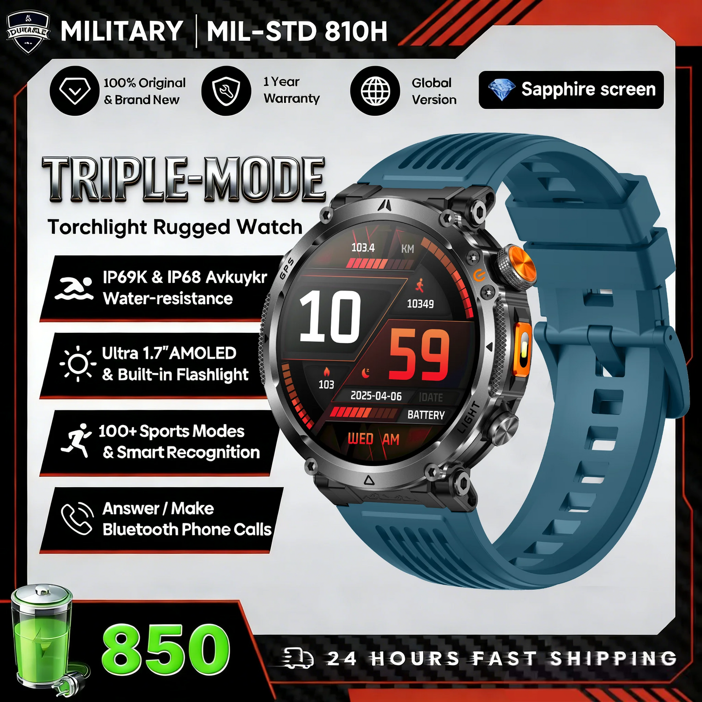 2026 New Military GPS Sports Smart Watch Men Compass 3ATM Waterproof Swim Fitness Tracker AMOLED HD SmartWatches 850Mah Battery