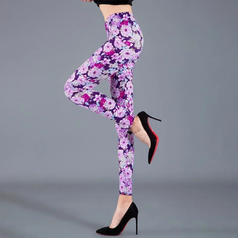 Women Floral Printed Exercise Colorful Peony Flower Female Elastic Leggins High Waist Pants Push Up Trousers Fitness Leggings