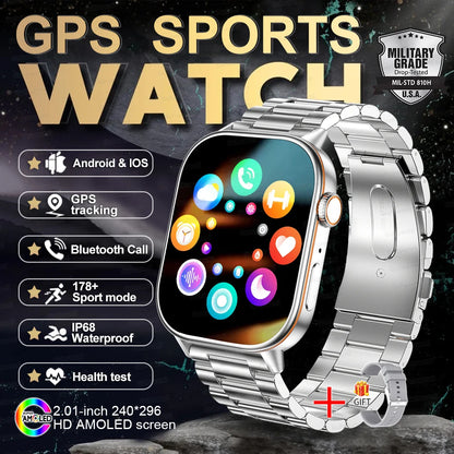 2025 New Outdoor Military GPS Smart Watch 2.01-inch AMOLED Screen BT Call 178+ Sport Mode IP68 Waterproof Smartwatches Man Women