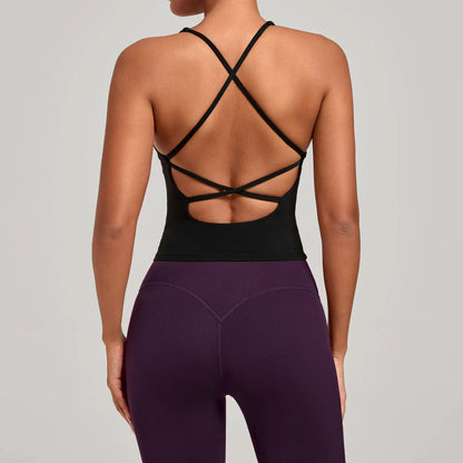Sexy Cross Backless Sports Tank Tops with Cups Women Gym Clothing Sleeveless V-neck Fitness Active Vest Female Workout Slim Top